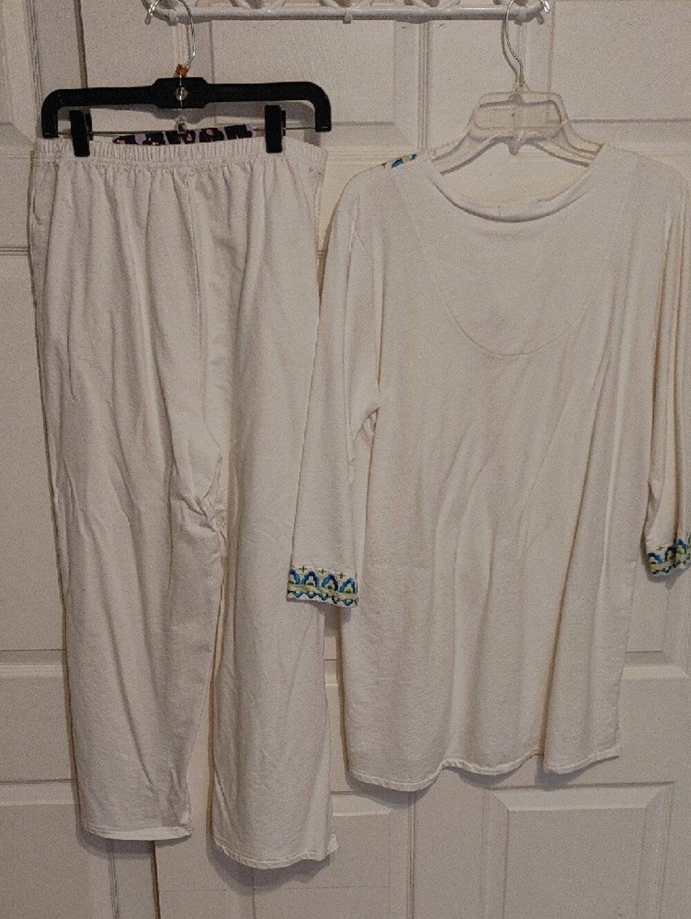 White Embroidered Women's Pajama Set with Blue & Green Accent - Picture 5 of 9